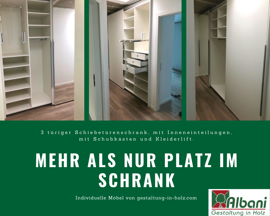 3 türiger Schiebetürenschrank, mit Inneneinteilungen, mit Schubkästen und Kleiderift. 3 türiger Schiebetürenschrank, mit Inneneinteilungen, mit Schubkästen und Kleiderift.
