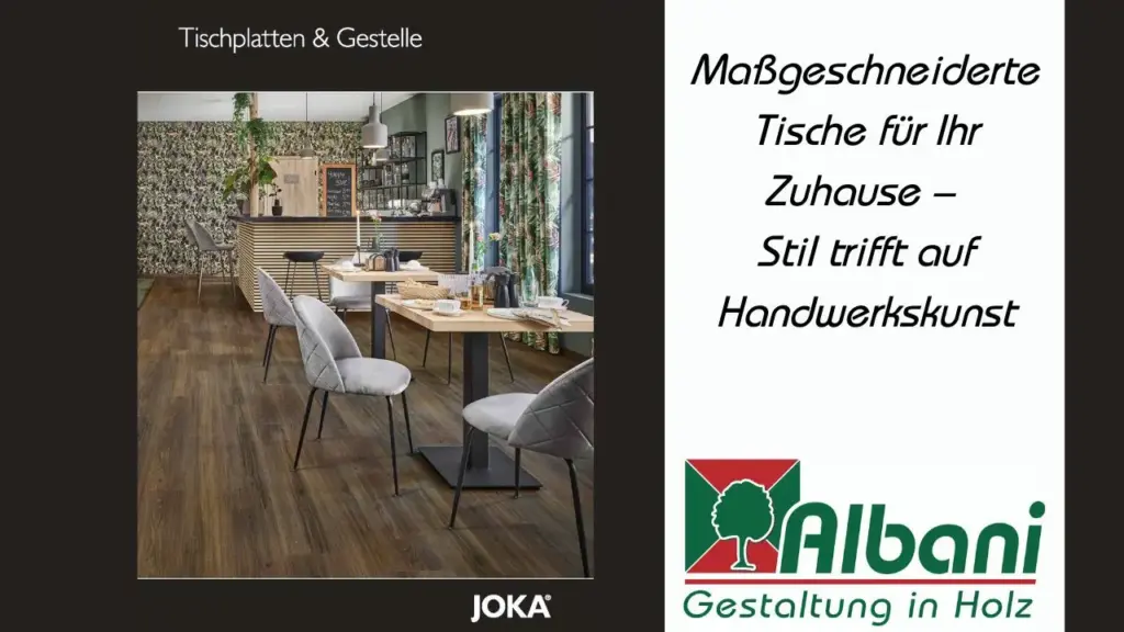 Ein stilvolles Restaurant mit modernen Tischplatten und Gestellen. Der Raum ist geschmackvoll eingerichtet, mit eleganten grauen Stühlen und natürlichen Eiche-Tischplatten auf stabilen, schwarzen Gestellen. Im Hintergrund ist eine Bar mit hölzernen Verkleidungen und eine grüne, florale Tapete zu sehen. Rechts befindet sich ein weißer Bereich mit dem Text ‘Maßgeschneiderte Tische für Ihr Zuhause – Stil trifft auf Handwerkskunst’ und dem Logo der Tischlerei Danial Albani.