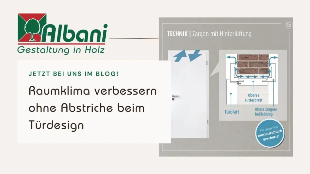 Ankündigung für einen neuen Blogartikel auf gestaltung-in-holz.com zum Thema Technische Zeichnung einer ASTRA Zarge mit Hinterlüftung, die den Luftdurchlass und die obere Zargenbekleidung mit Aussparung zur Verbesserung des Raumklimas zeigt.